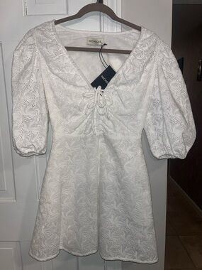 NICHOLAS  Danni White Eyelet Lace Mini Dress with Puff Sleeves